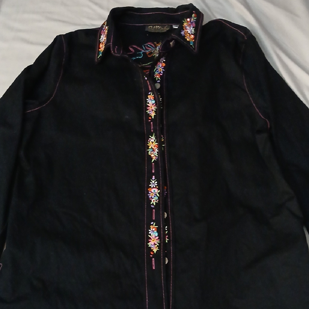 Bob Mackie Black Casual Button Down Shirt with Floral Trim